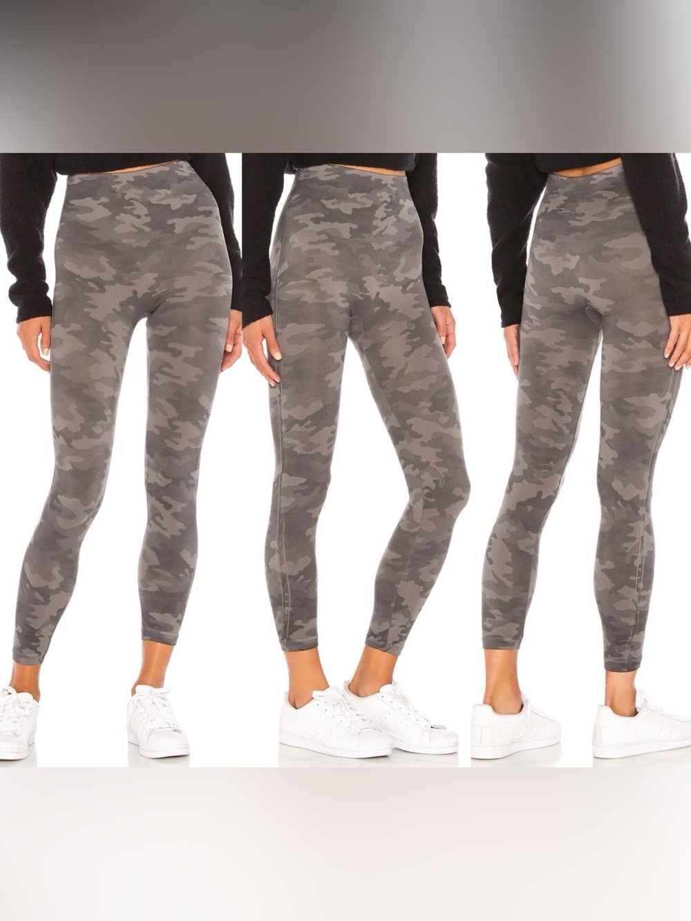 Spanx Look At Me Now Seamless Leggings in the charcoal camouflage pattern.